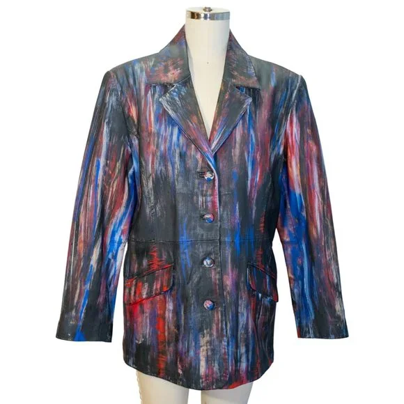 Up-cycled Terrry Lewis Leather Jacket Size LG - Hand Painted by Skye De La Rosa